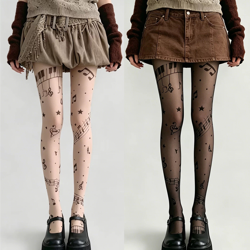 Tights Pantyhose Sheer - Collants transparents imprimés notes musicales Y2K,